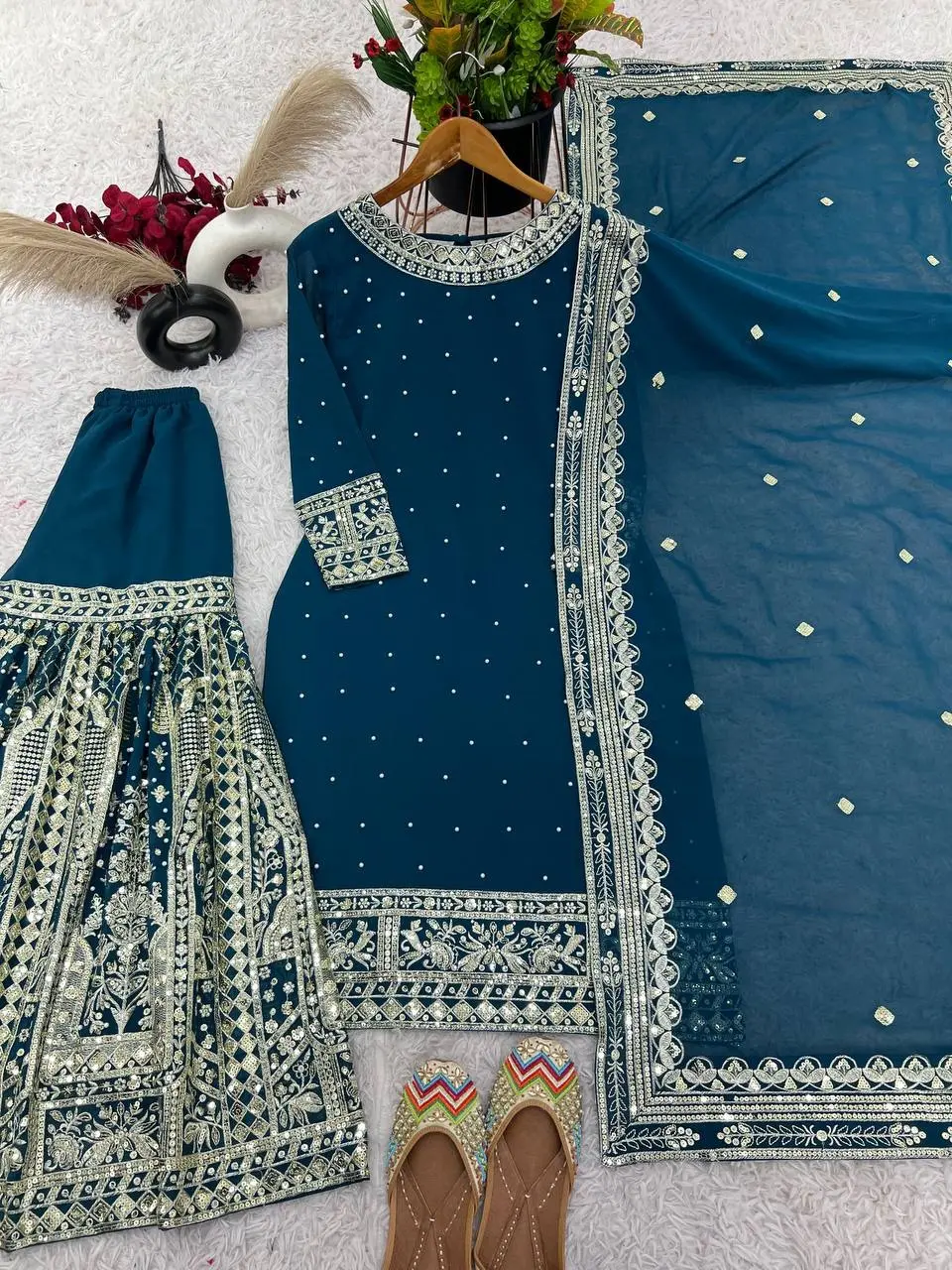 Heavy Faux Georgette with Embroidery, Sequin Work Kurta Palazzo Set 3 Piece Pakistani Salwar Kameez With Dupatta, Pakistani Wedding Cloth  -