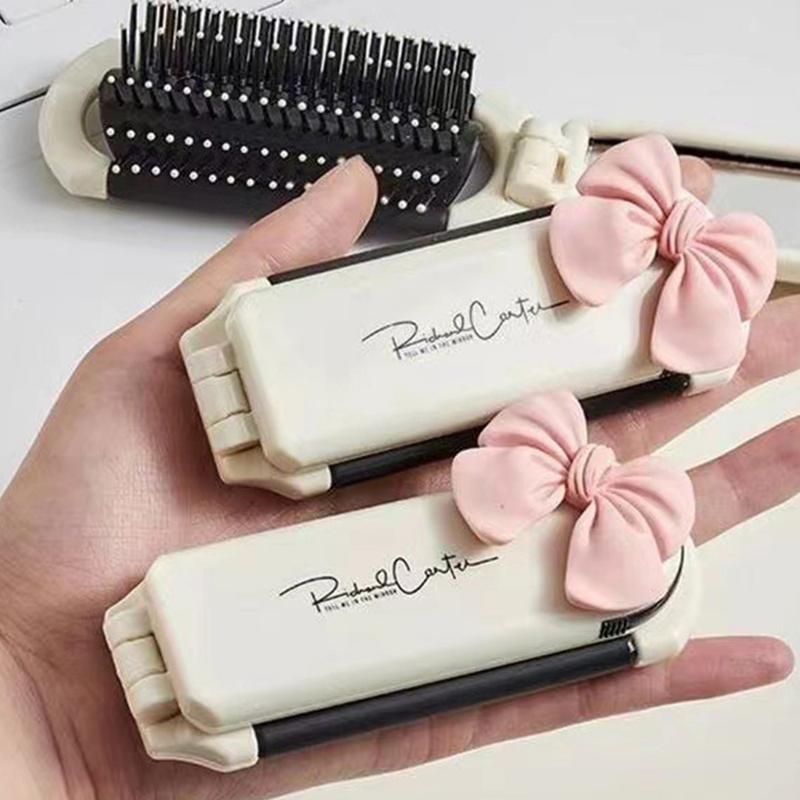 2-in-1 Foldable Silvery Plated Comb with Mirror, Portable Compact Hairbrush Air Cushion Comb, Anti-Static, Stretchable Design, Durable ABS Plastic Handle, Compact Travel Size, Suitable for All Hair Types, Mini Airbag Comb Lady 4