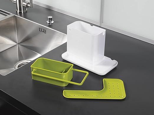 Caddy Kitchen Sink Area Organiser with Sponge Holder and Cloth Hanger - White/Green 3