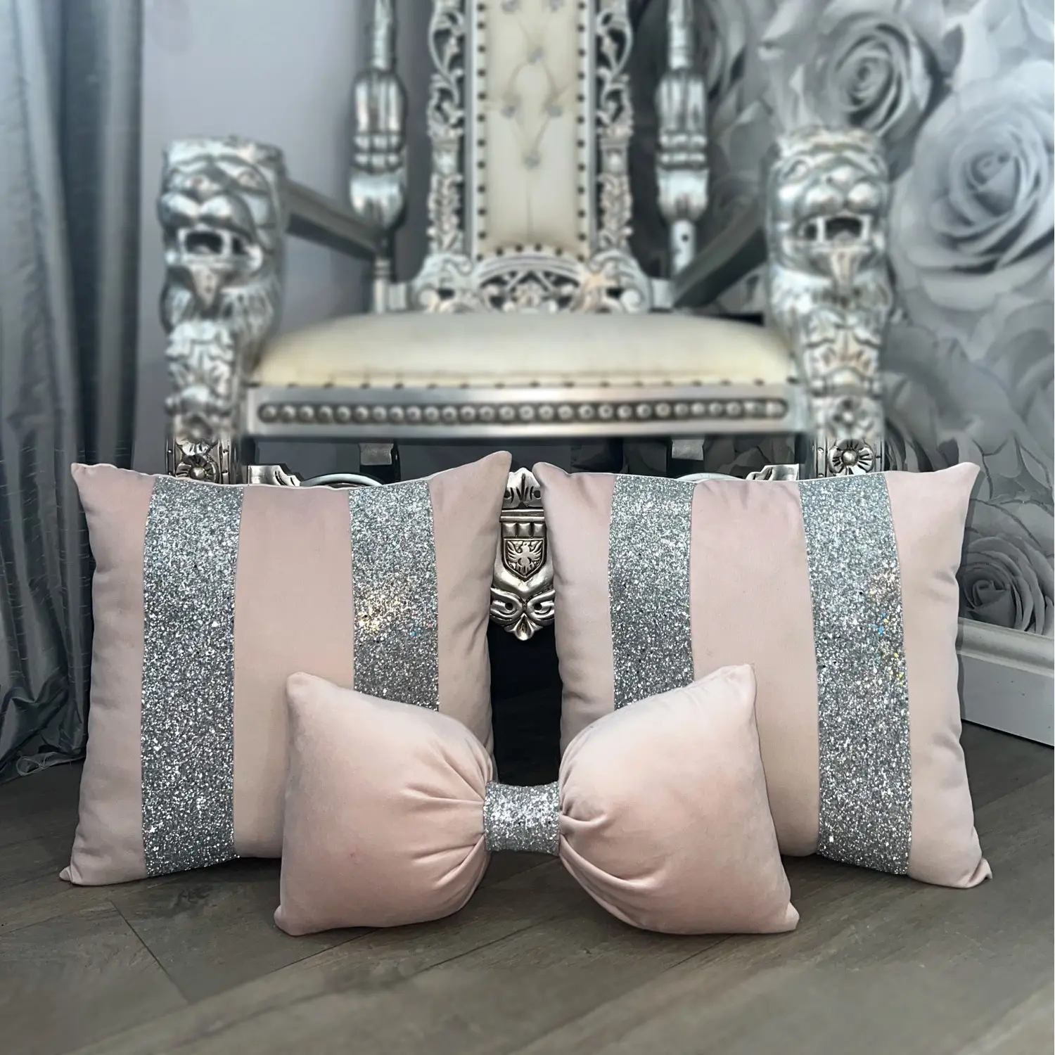 Soft Pink And Silver Glitter Cushion Bow Set | Glitter Cushions | Bespoke Cushions