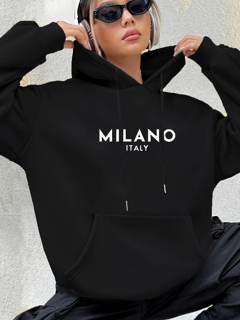 Product Introduction of Milano Print Kangaroo Pocket Hoodie, Casual Long Sleeve Drawstring Hoodies Sweatshirt, Women's Clothing 1