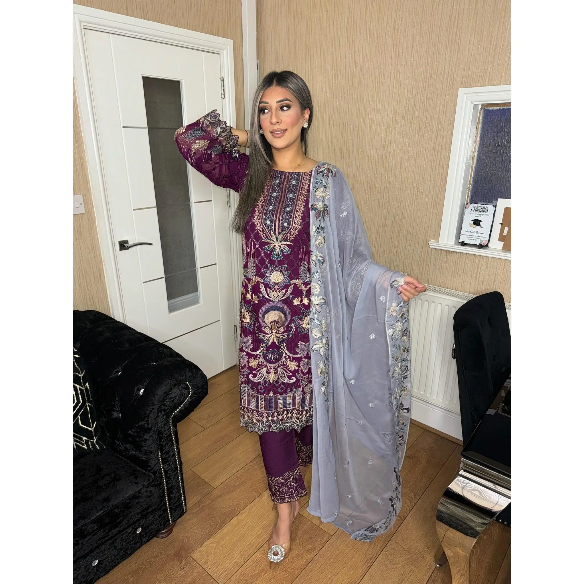 3pc PURPLE Embroidered Shalwar Kameez wit Grey Chiffon dupatta Stitched Suit Ready to wear HW-UQ2091
