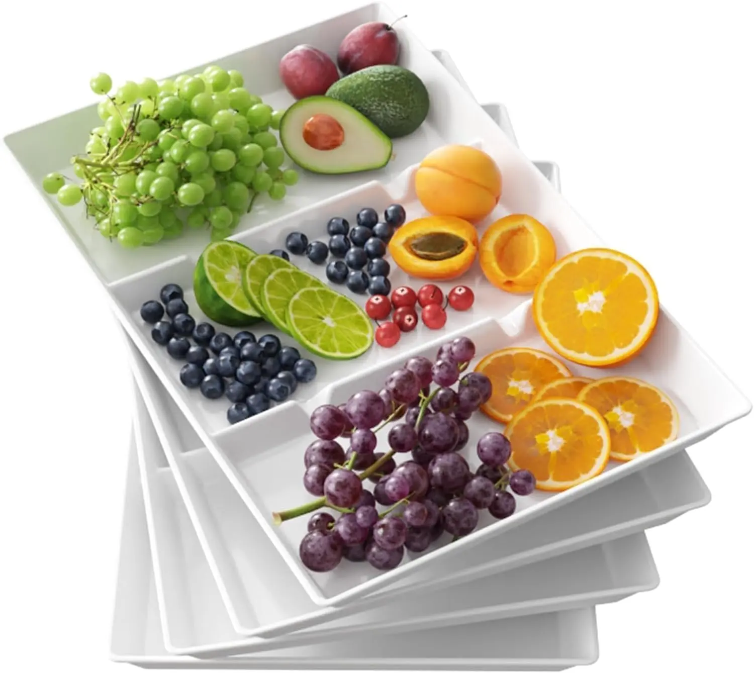 Divided Serving Tray Platter Plastic, 4PCS White Reusable Trays for Food Eating, Tea/Drink/Snack/Dinner Serving Platters for Kichen, Bar, Restaurant, 38.1 x 25.4 cm Set Stylish Collection Personal