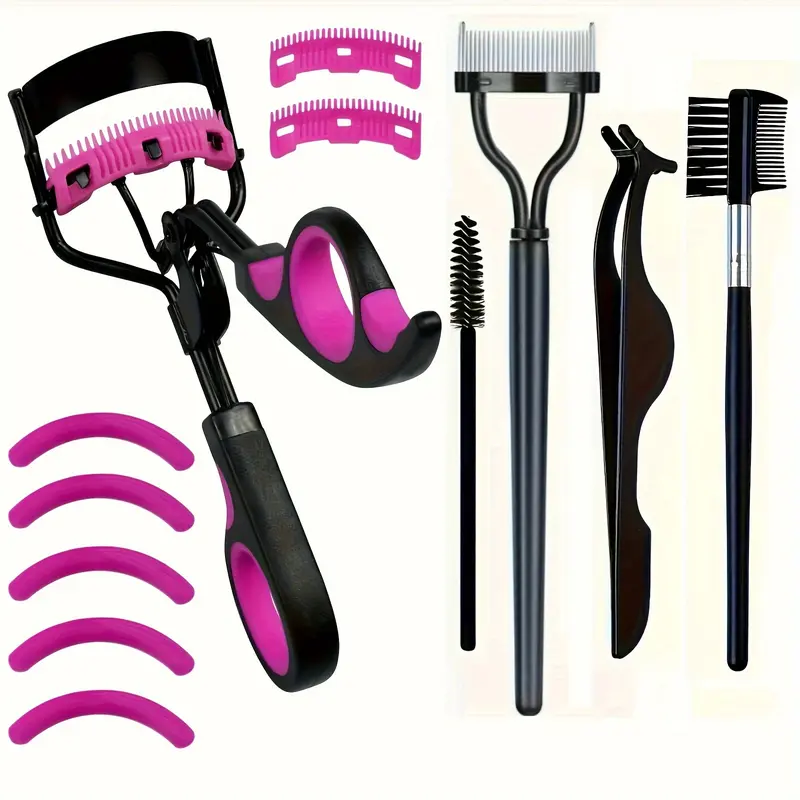 8-Piece Complete Eyelash Curling System – Hypoallergenic, Easy-to-Use Curler, 5 Refill Pads, 2 Combs, Perfect for Sensitive Eyes, Lash Enhancement and Definition Brush Makeup Applicator brow Carbon Compact Gift Mascara Storage Kit Shaper Cosmetic 0
