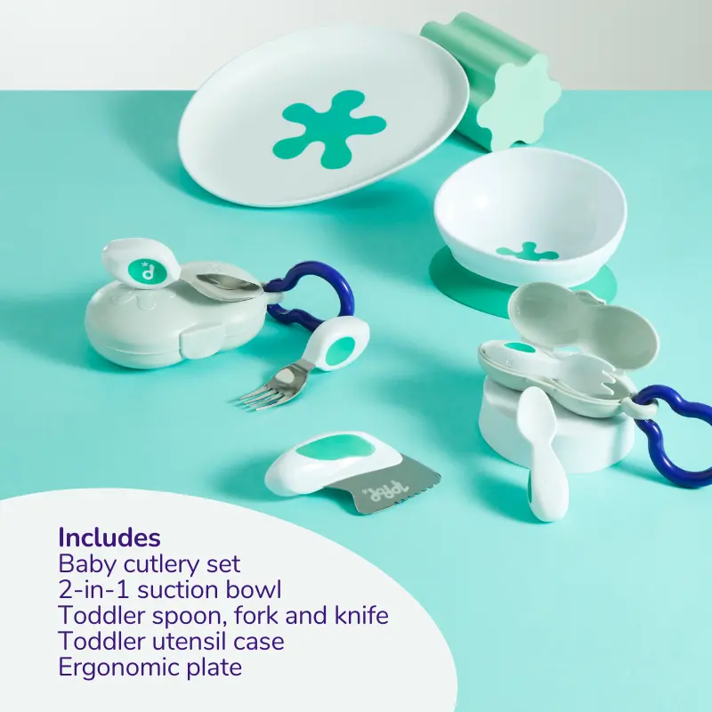 doddl - full Mealtime Set for Baby To Toddler, includes Baby Spoon and Fork, Aqua Suction Bowl, Toddler Spoon Fork and Knife Set with Carry Case and Toddler Plate 1