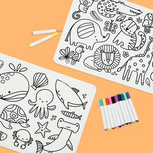 Sensory Junction 2 Pack Silicone Washable Colouring Placemat For Kids With Coloured Pens - Wipe Clean Reusable - Eco Friendly - Food Grade Silicone