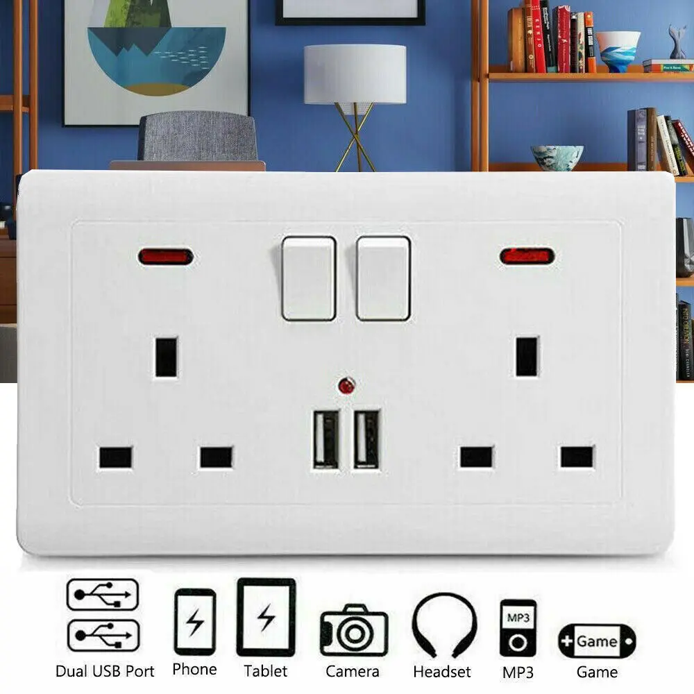 1pc Double Wall Plug Socket 2 Gang 13A w/ 2 Charger USB Ports Outlets Flat Plate UK