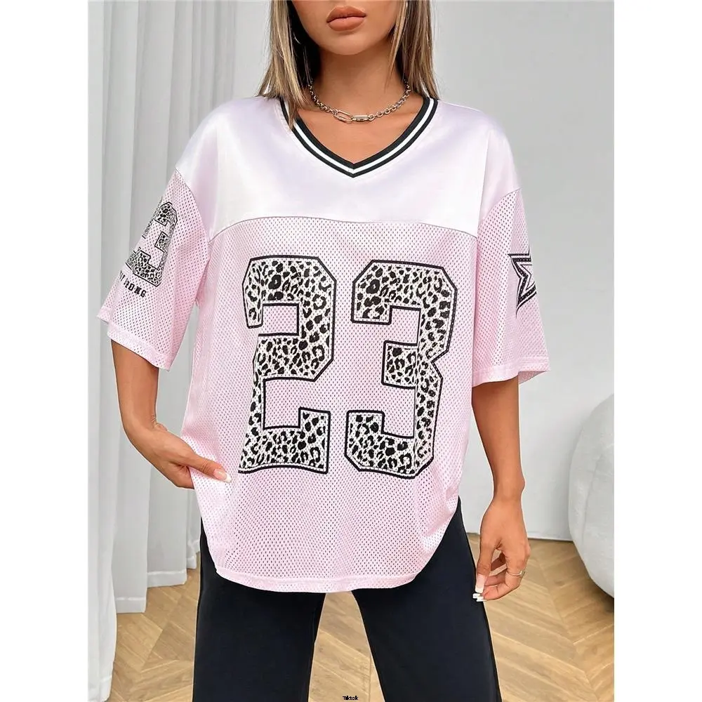jersey print women's pink PETITE tiktok mesh t-shirt street girl