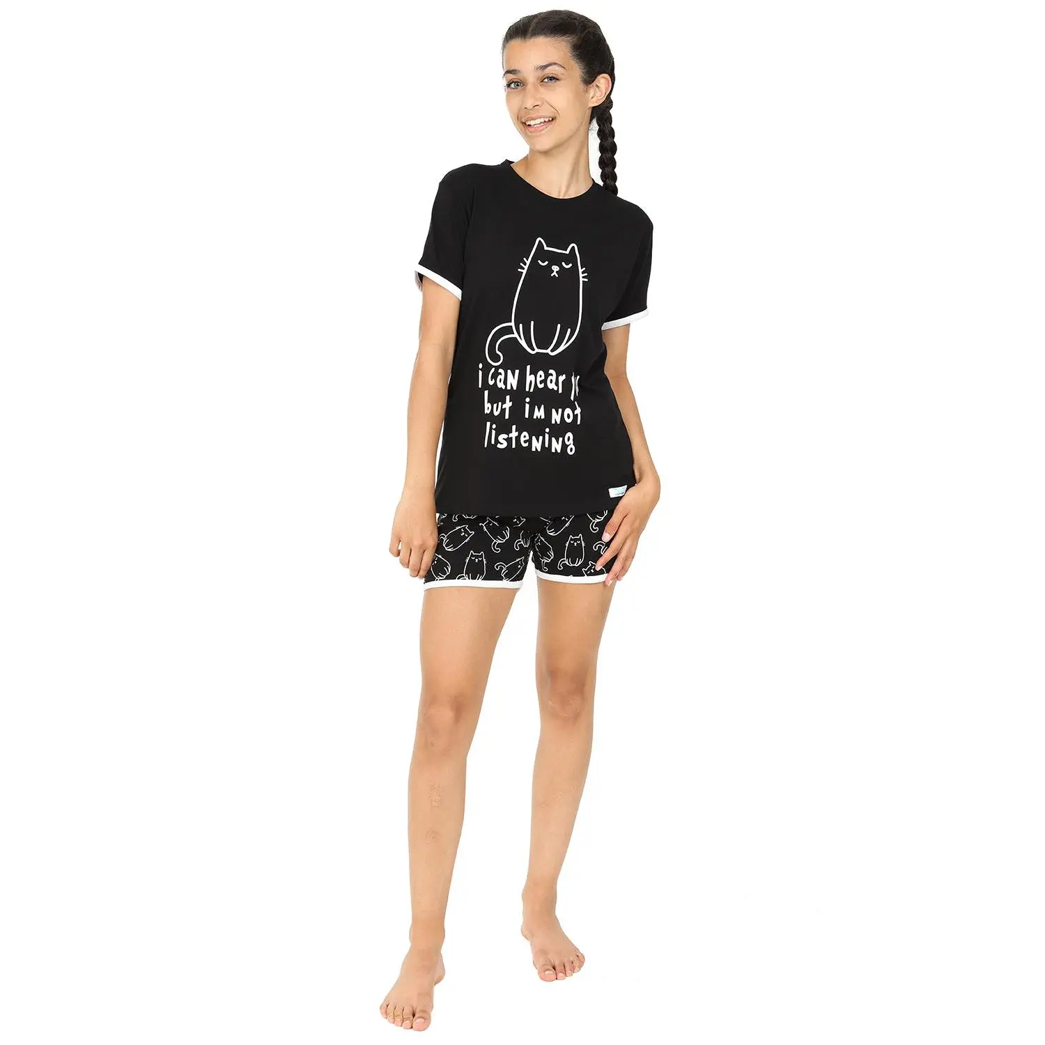 Girls I Can Hear You But I'm Not Listening Cat Short Cotton Pyjama Set