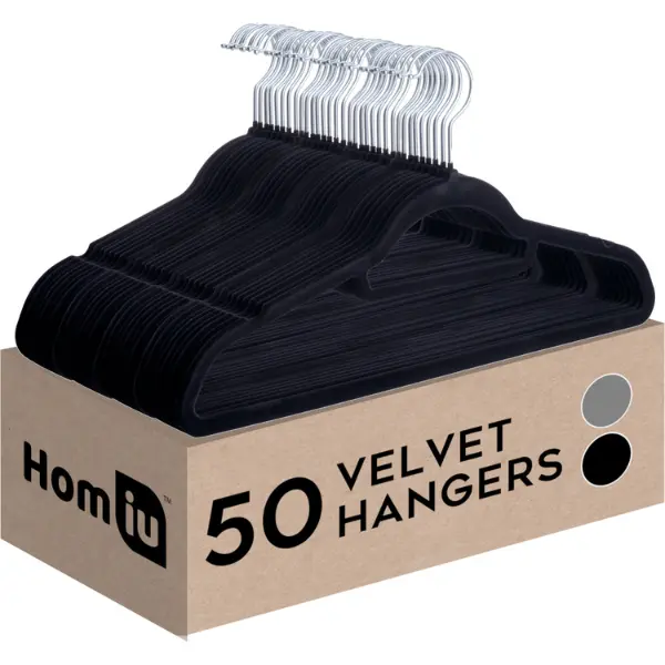 GILMMORA Pack of 50 Black Velvet Hangers with Tie Bar, Ultra-Thin Design for Closet Space Maximization - Hanging, Organiser