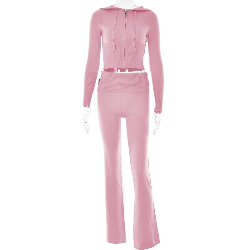 Knitted 2 Piece Sets Women Tracksuit Long Sleeve Zipper Hooded Sweater Crop Top Flare Pants Stretch Matching Suit Outfit Womenswear Overalls 4