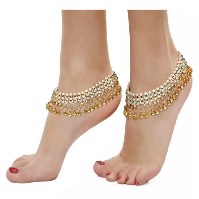 Pair of Antique Gold Kundan Indian Asian Payals Anklets with Bells Bridal Wedding 1