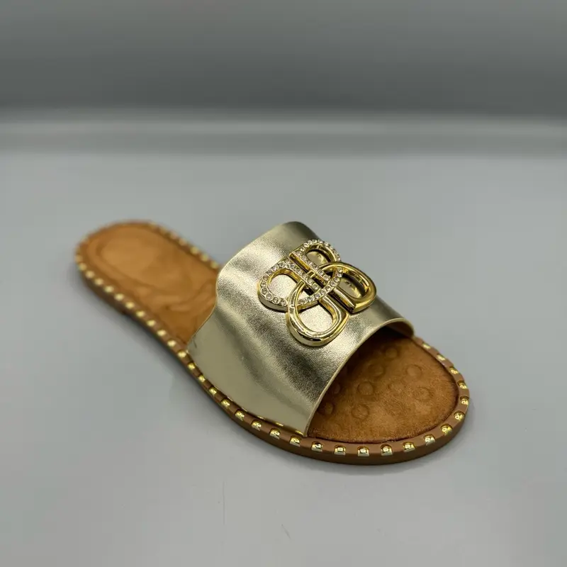 Women's Black Silver Gold Slider Sandal with Soft Cushioning for Summer Holiday- Ladies Flat 1