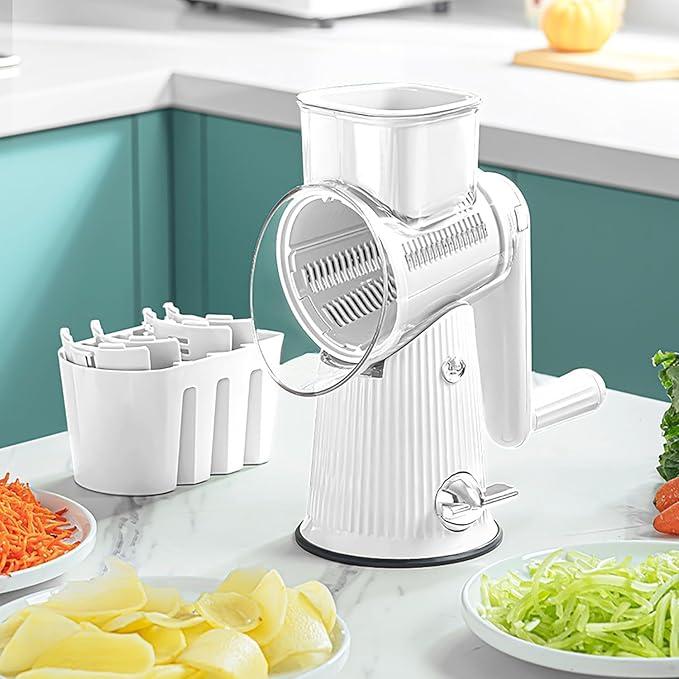 Product Introduction of Rotary Cheese Grater with Handle Mother's Day- Food Shredder with 5 Well-designed Blades & Strong Suction Base,Round Mandoline Slicer & Vegetable Grater Rotary for Kitchen,1 Bonus Blade Storage Box Utensils 2