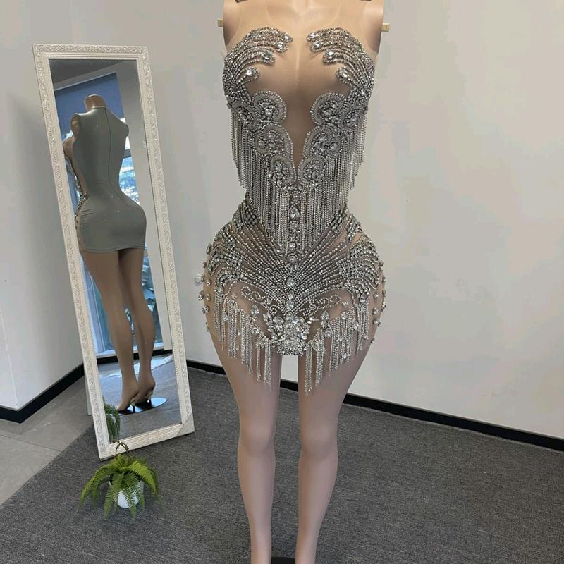 Sexy Rhinestone Tassels Dress, Party Dress, Christmas Dress, Bridal Dress, Mini Cocktail Dress, Dinner Date Dress, Red Carpet Dress, Evening Dress, Wedding Reception Dress, Fashion Week Outfit, Birthday Dress, Modelling Photoshoot Dress, Homecoming Dress 0