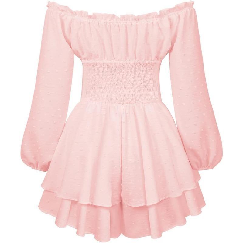Women Puff Sleeve Ruffle Romper Dress Off Shoulder Long Sleeve Flowy Layered Fairy Pirate Short Jumpsuit Playsuits 8