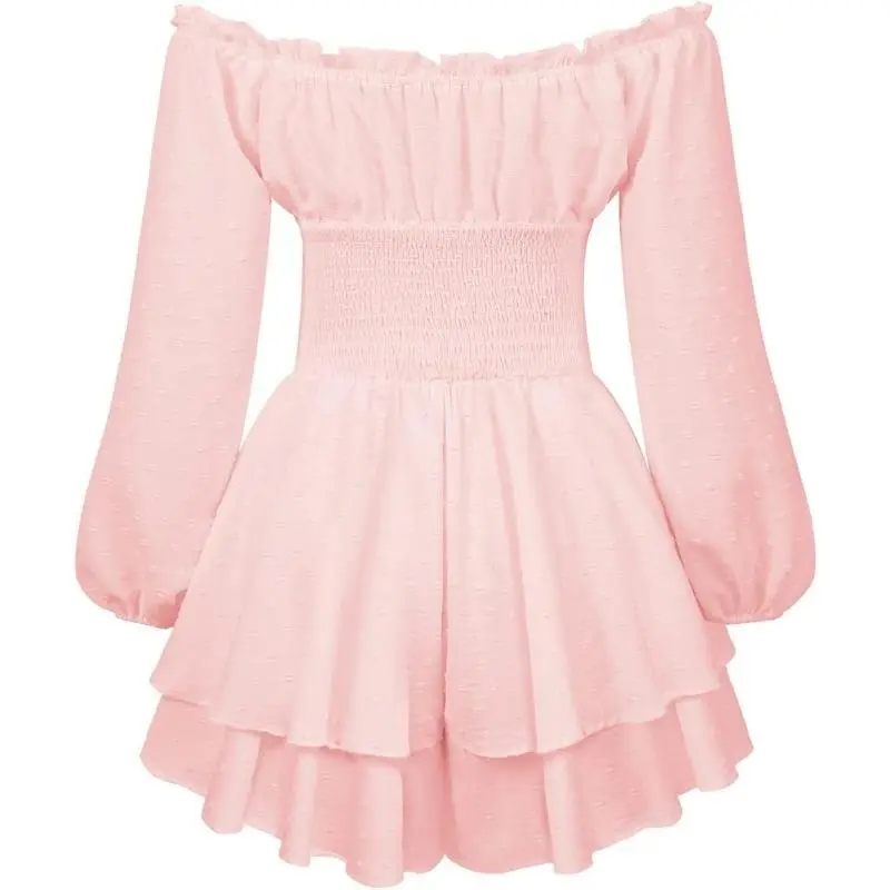 Women Puff Sleeve Ruffle Romper Dress Off Shoulder Long Sleeve Flowy Layered Fairy Pirate Short Jumpsuit Playsuits 8