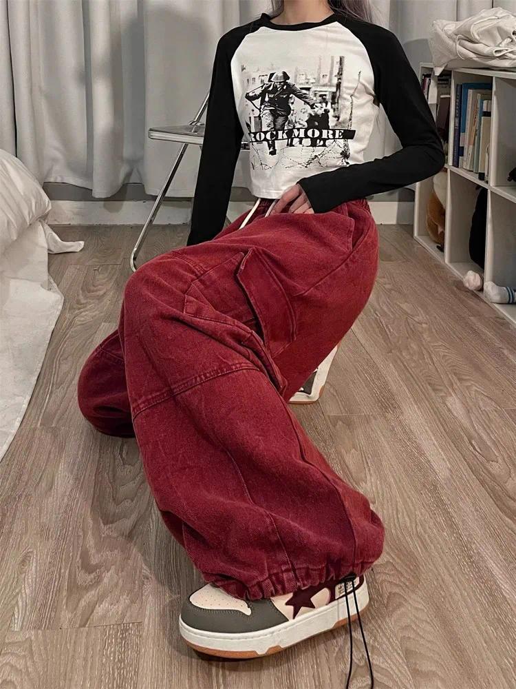 Product Introduction of 2024 Korean Y2K Fashion Drawstring Casual Baggy Cargo Jeans Pants Women Clothing Straight Wide Leg Sweatpants Female Trousers 16