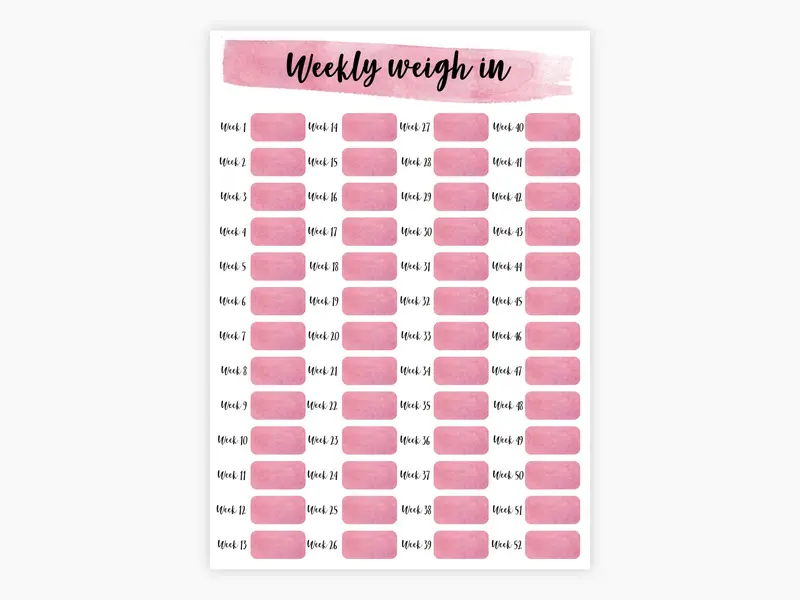 Gorgeous 52 Week Weekly Weigh In Weight Loss Tracker (52 Wks). A4 Printed Weight Loss Chart, Annual Weight Loss Tracker, Yearly Weight Loss Tracker. Laminated Or Unlaminated in 15 Colour Options. Start Tracking Your Weight Loss Now. 5