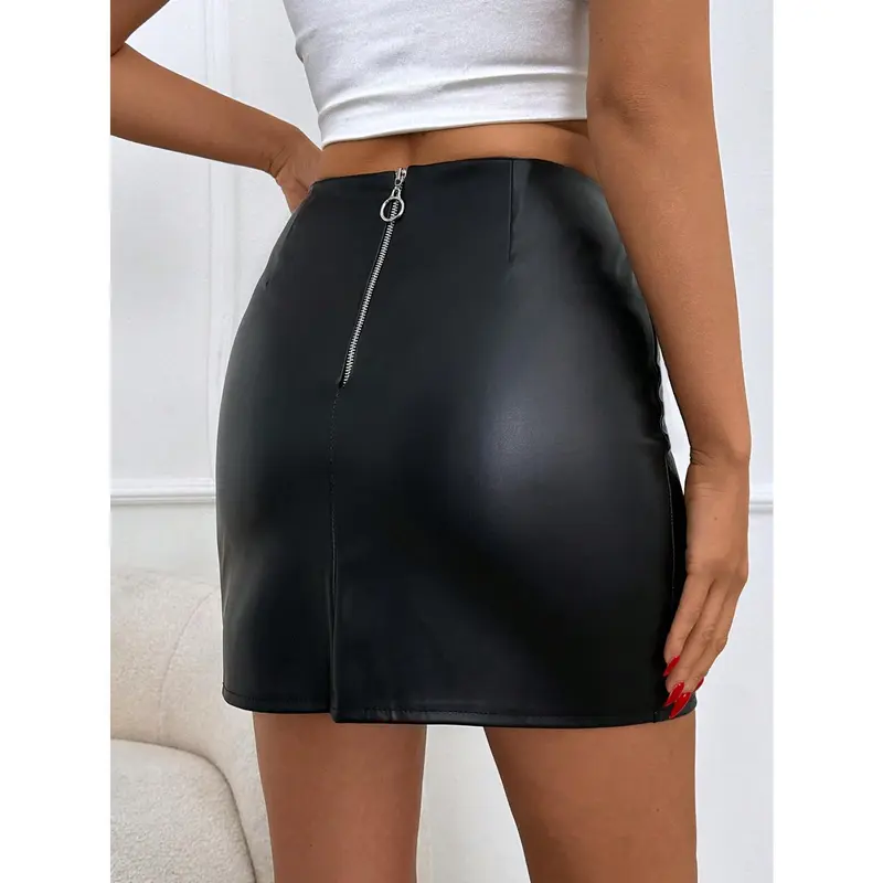 Women's PU Leather Slit Hem Bodycon Skirt - Fashionable and Comfortable Fit Womenswear Minimalist Casual Black Basic Fabric Polyester Bottom 1