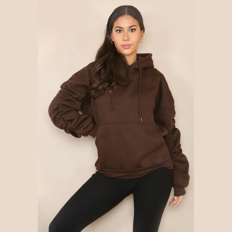 Ruched Sleeve Hooded Sweatshirt - Kora Cotton Long Sleeve Pocket Womenswear Baggy Oversize Style Sweaters Tops Underwear 5
