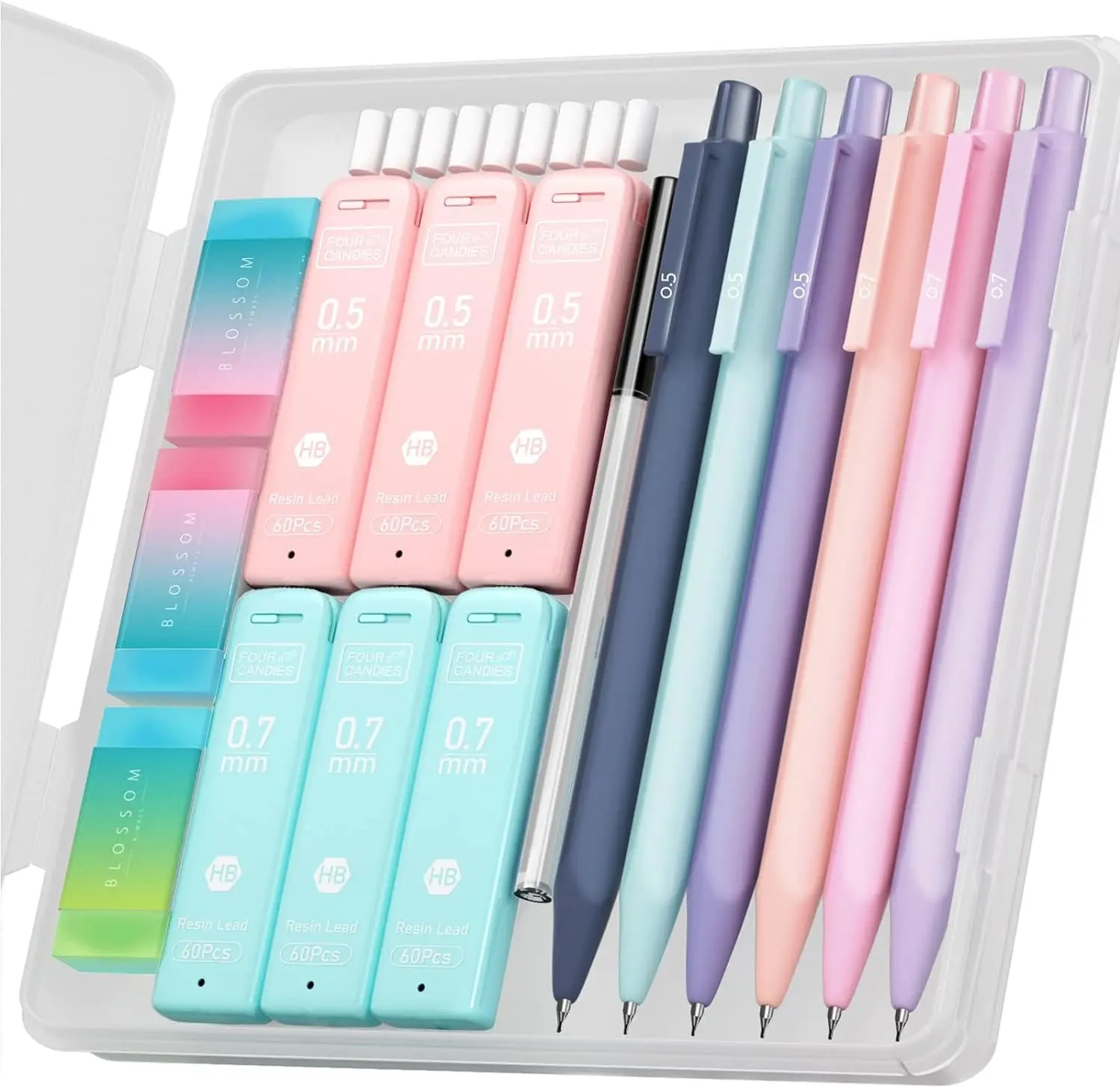 Cute Mechanical Pencil Set, 6PCS Pastel Mechanical Pencils 0.5mm & 0.7mm with 360PCS HB Pencil Leads, 3PCS Erasers and 9PCS Eraser Refills, Aesthetic School Supplies for Girls Writing