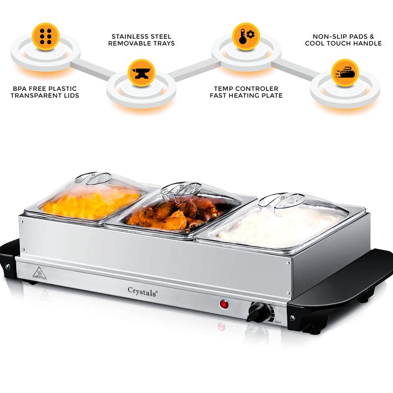 Crystals 3-Piece 2.5L Electric Food Buffet Server Set with Adjustable Temperature Hot Tray 4