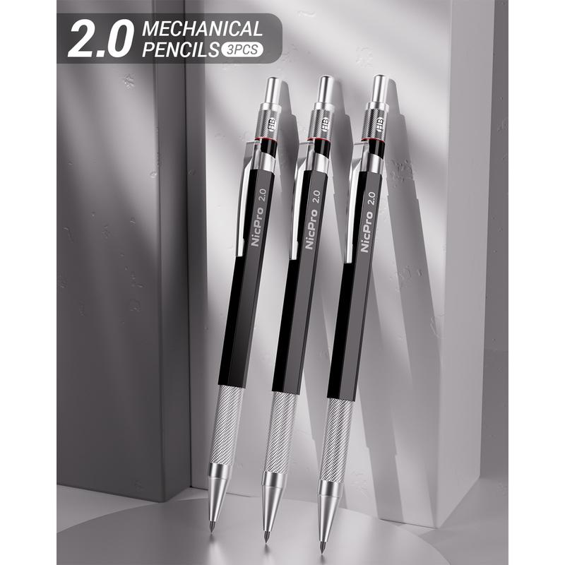 Nicpro 2mm Metal Mechanical Pencil Set with Case, 3PCS Lead Pencil Holder 2.0 mm with 144PCS Lead Refills (4H 2H HB 2B 4B 6B Color), Eraser, Sharpener for Drafting Writing Drawing Sketching 4