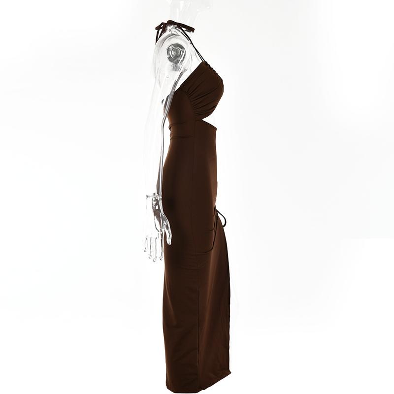 Product Introduction of Women's Halter Hollow Out Drawstring Ruched Bodycon Maxi Dress High Split Party Club Cocktail Dresses cap sleeve fashion casual dresses 8