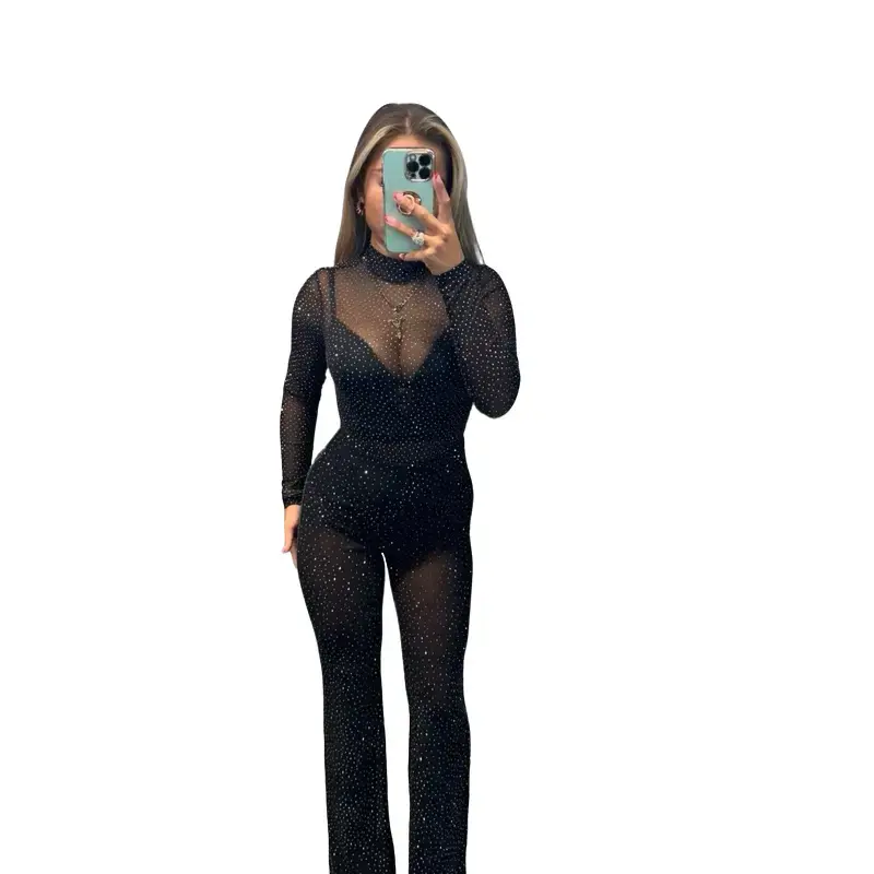 JODIE Sheer Sparkly Studded Bodysuit Top for Women - Comfortable Basic Long Sleeve Minimalist Womenswear Casual Outfit Soft Chic Party Festival Piece Day 0