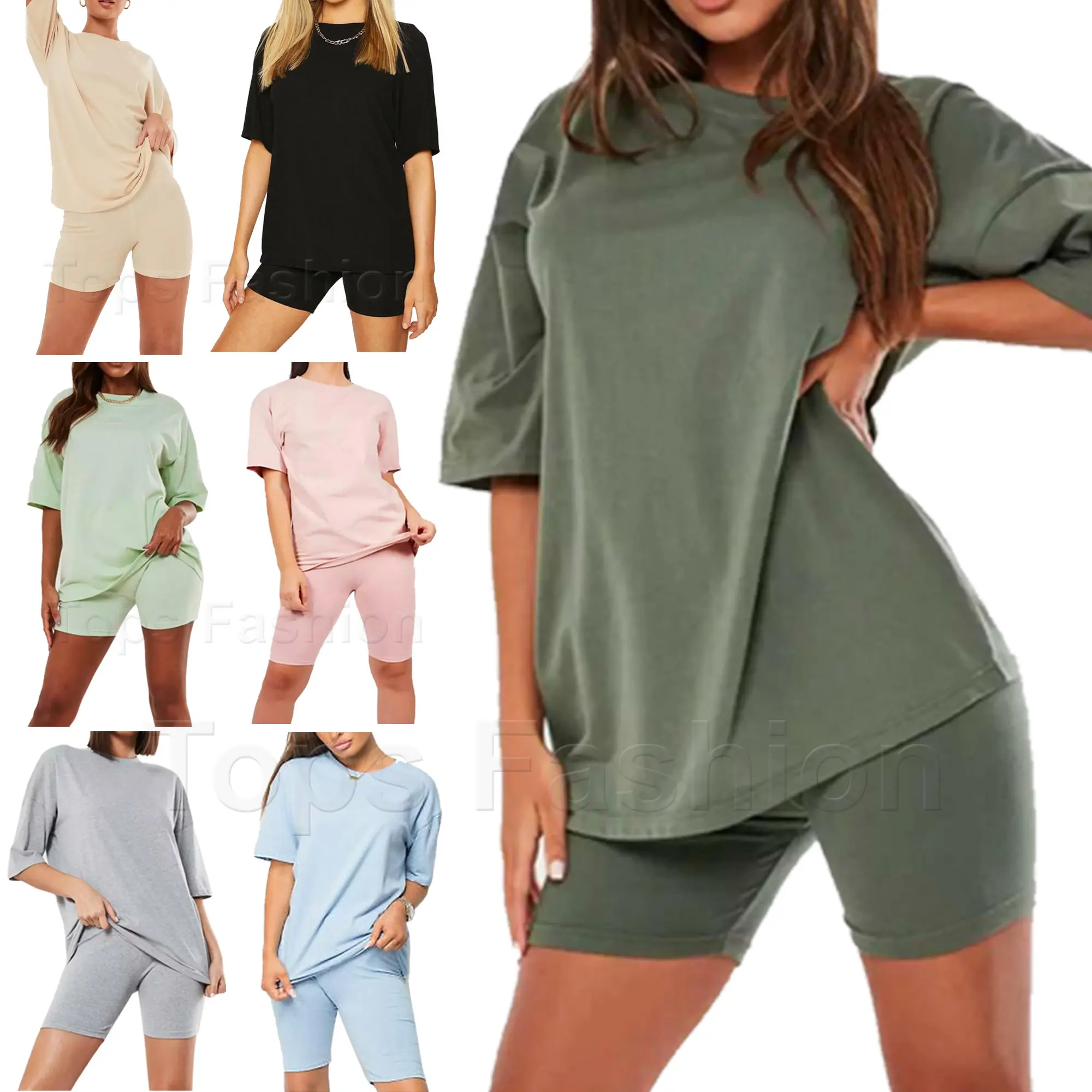 Womens Ladies 2 Piece Top & Short Set Crew Neck Short Sleeve Summer T-Shirt Bottom Casual Gym Sports Cycling Pants Joggers Loungewear Suit Plus Size