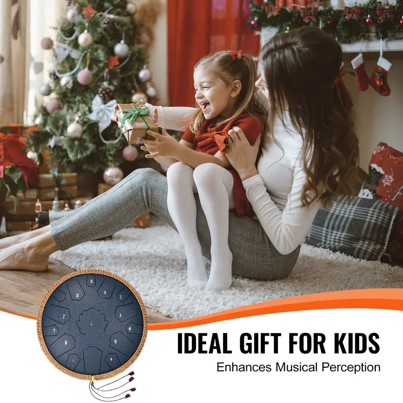 VEVOR Steel Tongue Drum, 14 in & 15 Notes, Rain Drum for Outside Garden, D Major Key, Tank Drum with 2 Mallets & Carry Bag, Hand Pan Drum Percussion Instrument for Musical Education Yoga, Navy Blue 5