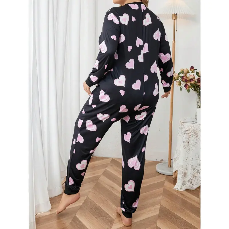 Plus Heart Print Sleep Jumpsuit, Pajama Jumpsuit Fit Long Sleeve 1