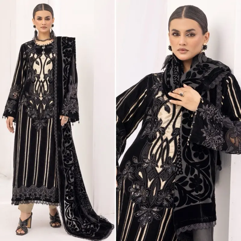 MARIA B Inspired Embroidered Luxury Velvet kameez with Plachi shawl and silk trousers - Womenswear - Partywear