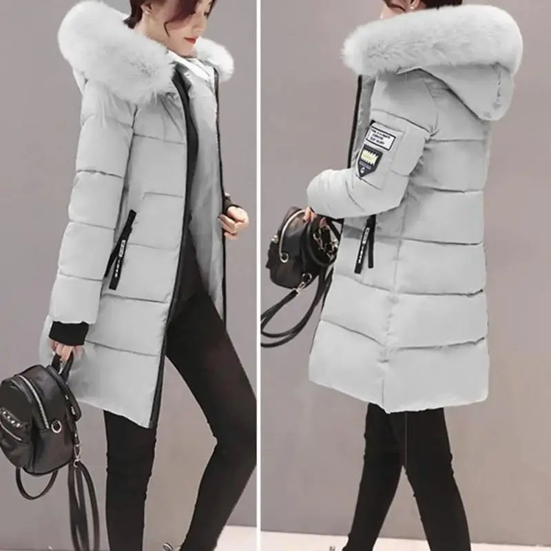 Women Winter Cotton Coat Hooded Mid Length Outerwear Windproof Warm Long Sleeve Jacket Solid Color Slim Fit Lady Down Coat 4
