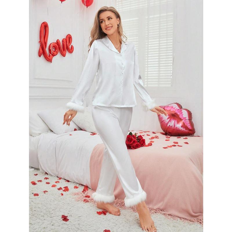 2025 New Women's Satin Plush Patchwork Pajama Set Valentine's Day 6