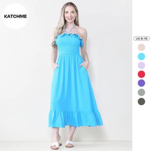 KatchMe Women's Lovely Sleeveless Frill Front Tie Thin Waist Pleated Maxi Dress,Plain Strapless Ruched Lace-Up Side Pocket Tube Dress,Holiday Outfit