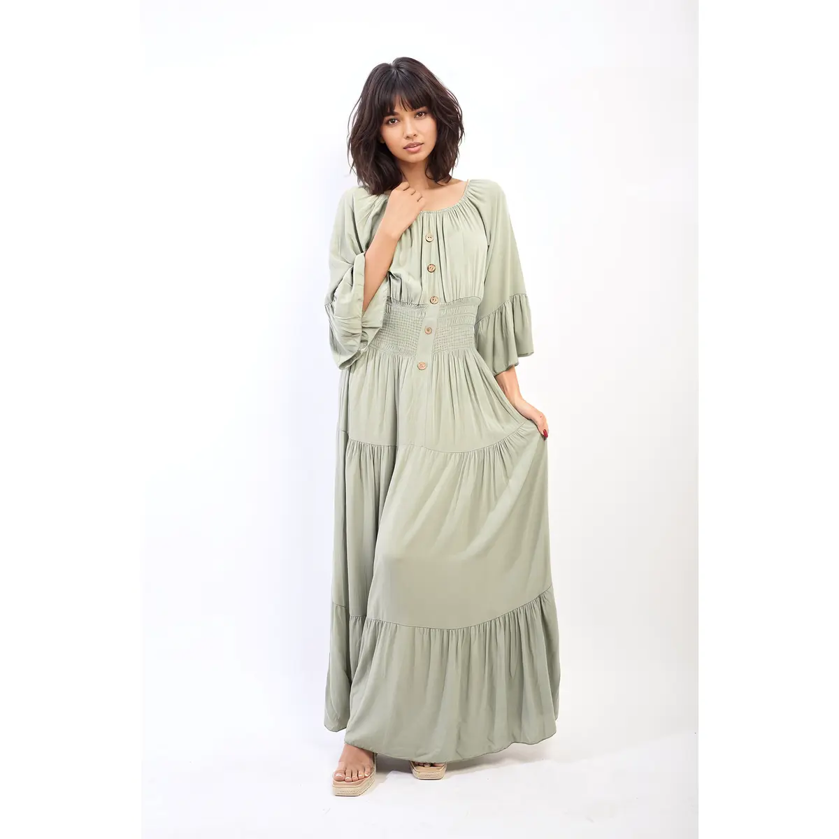 iKrush Ruffle Hem Sleeve Shirred Waist Tiered Maxi Dress i36299 Summer Day Dresses   Maxi Length  Crew Neck Long Sleeve Occasionwear Beachwear Plain Beach Holiday Date Night Going Out