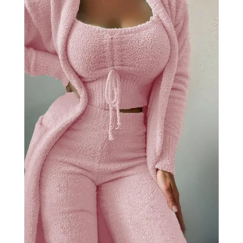 2023 New Autumn Winter Women's Plush Pajamas Set Crop Tops+Long Pants+Coat 3 Pieces Suit Homewear Matching Sets Warm Pyjamas Pjs