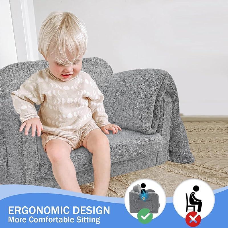 Sofa Couch, Fold Out Toddler Chair Bed, Lounger Chair to Convertible Mini Sofa for Boys Girls, Comfy Foam Child Chair Pull Out Couch for Playroom, Grey 4