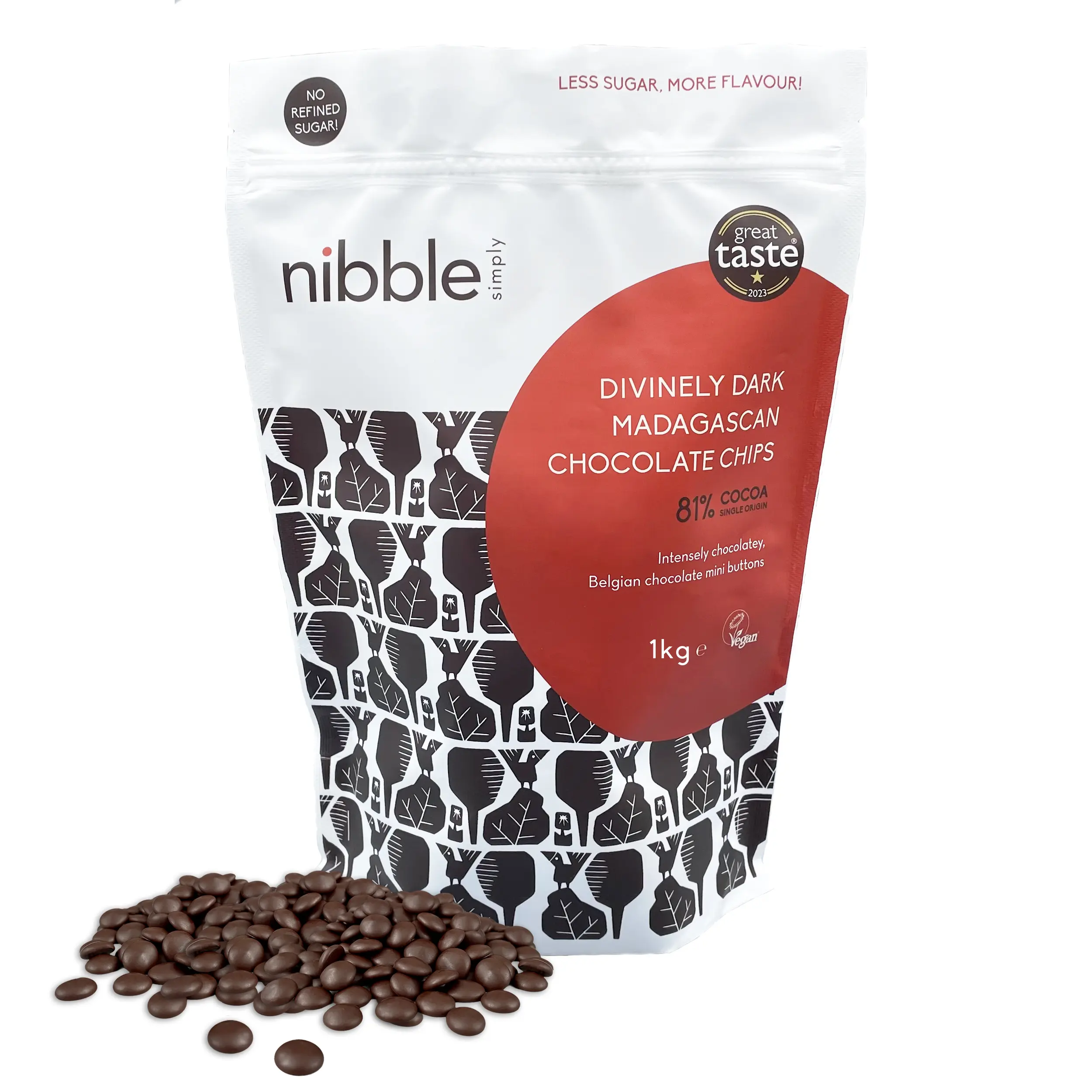 Nibble Simply Divinely Dark Madagascan Chocolate Chips 1kg - refined sugar free, vegan, Great Taste Award Winner, ideal for reduced sugar baking and snacking