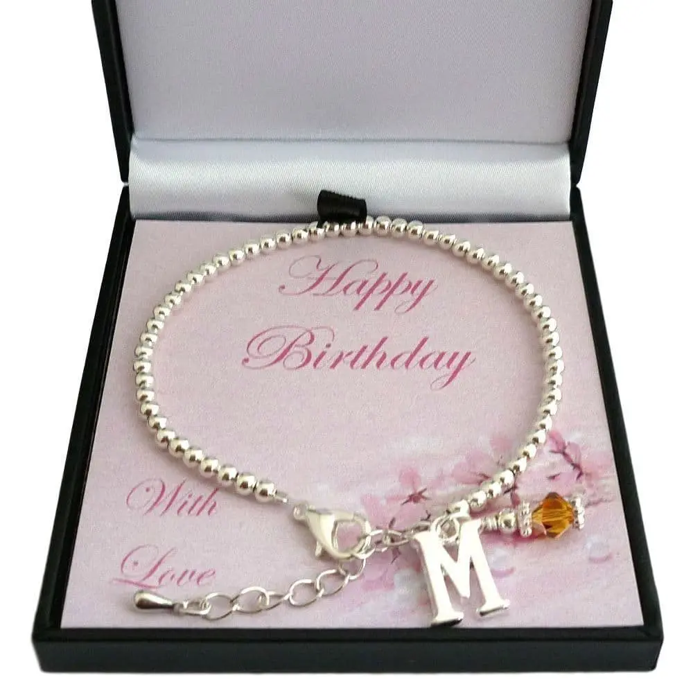 Birthstone Bracelet with Letter Charm and Silver Beads in a Gift Box for Mummy, Wife, Niece, Nan, Sister, Fiancée, Daughter, Goddaughter etc...