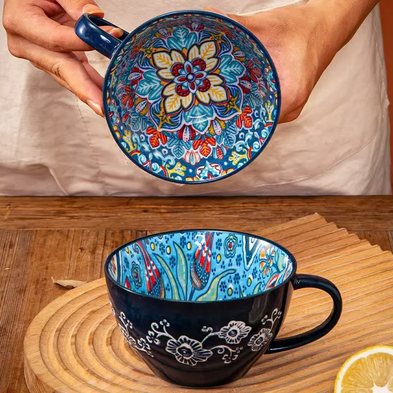 Boho Style Ceramic Coffee Cup, Vintage Large Capacity Milk Oat Mug, Microwave Safe Drinking Cup for Home Office Use - Aesthetic, Tumblers