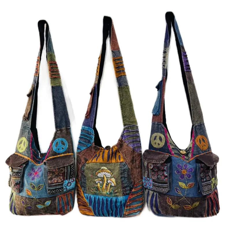 Hippie Crossbody, Boho Cotton Embroidered Bag with Zip Closure 0
