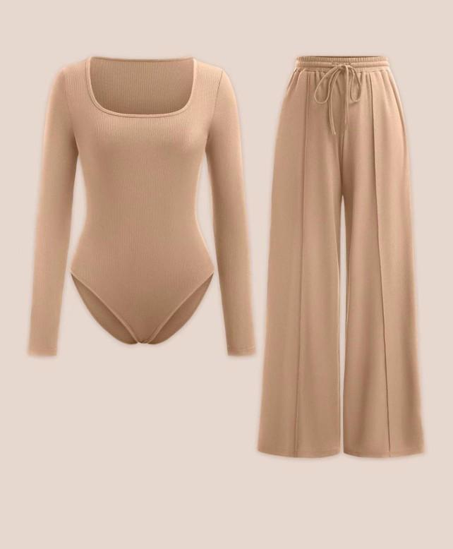 Product Introduction of WOMENS LADIES 2 PIECE MATCHING SET CREW NECK BODYSUITS WIDE LEG TROUSERS PANTS PALAZZO SET LOUNGEWEAR LONGSLEEVES STRETCHY SOFT COMFY LADY ELASTICATED WAIST DRAWSTRING HIGH QUALITY COORD LOUNGESET COMFORT WOMENSWEAR OVERALL Basic Adjustable Comfortable 5