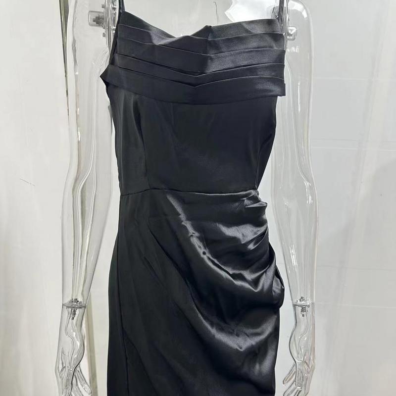 Product Introduction of Summer Women's Sexy Vintage Tulle Long Dress  Spaghetti Strap Satin Pleated Low-cut V Neck High Split dress Party Gown Ball 7