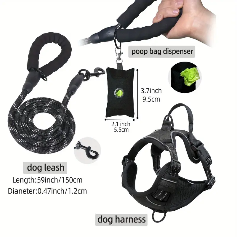 3pcs Escape-Proof Dog Harness Set with Leash and Poop Bag Dispenser - Perfect for Medium and Large Dogs Walking, Adjustable and Soft, Christmas Gift 3