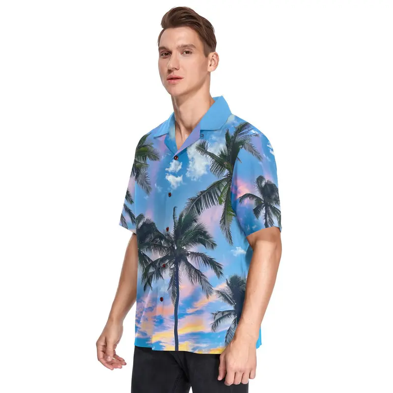 High Quality Palm Design Custom Shirt Printing Men Beach Wear Polyester Outdoor Hawaiian Shirts Summer Button up Shirt for Men 1