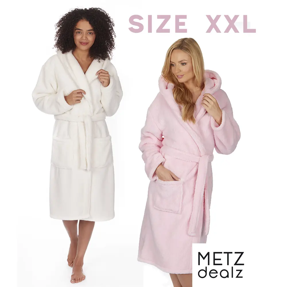 Ladies Hooded Dressing Gown 2XL Size XXL Snuggle Fleece Warm Bathrobe House Robe Morning Jacket Cream Light Pink Womens Lounge Gown Robes Loungewear UK Sale