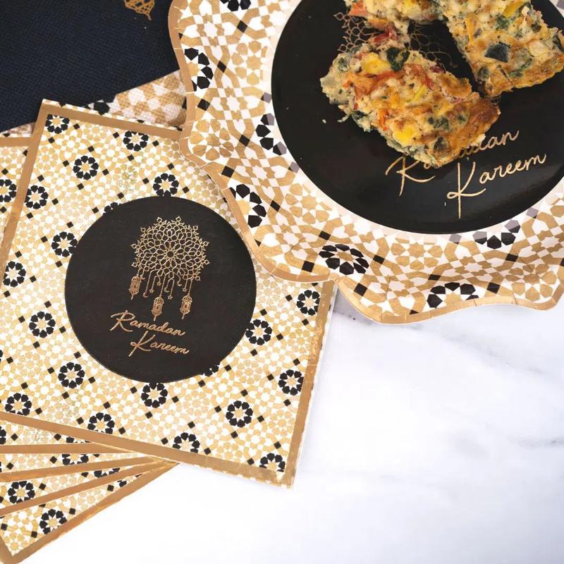 Ramadan Kareem Plate, Cup and Napkin Set - Black & Gold Geometric 2